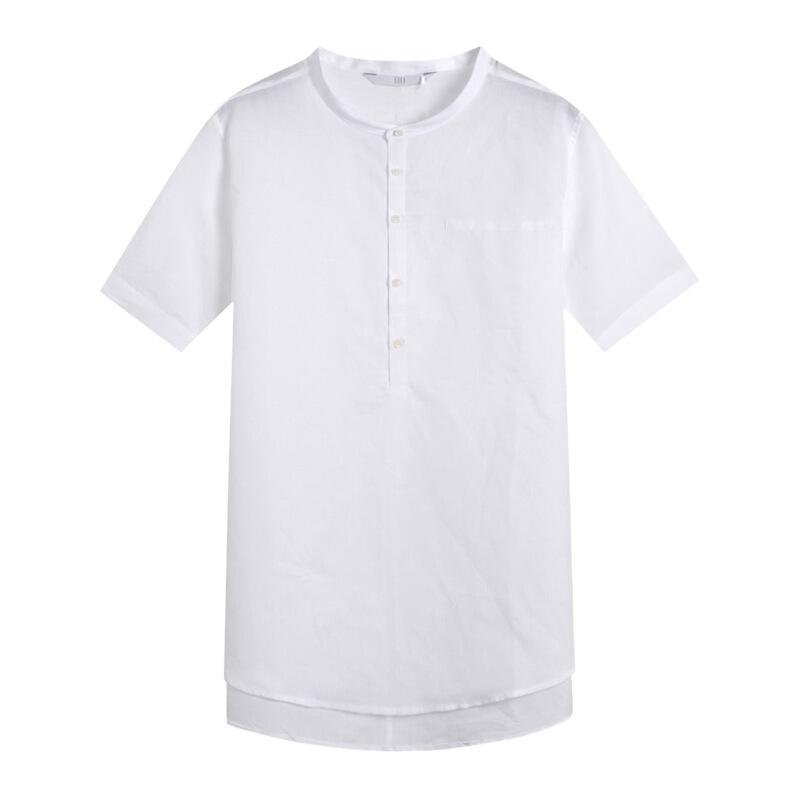 [商场同款]男装亚麻短袖衬衫纯色假两件半袖修身立领棉麻衬衣白色