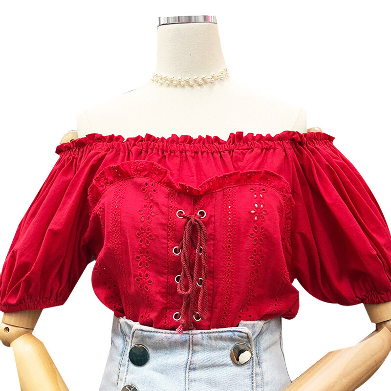 红色镂空系带一字领短袖衬衫女2018夏装新款韩范时尚衬衣上衣