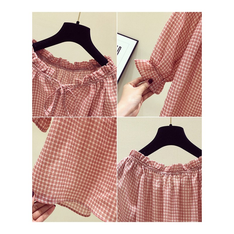 格子衬衫女五分袖2018春季新款韩版宽松套头时尚一字肩上衣雪纺潮