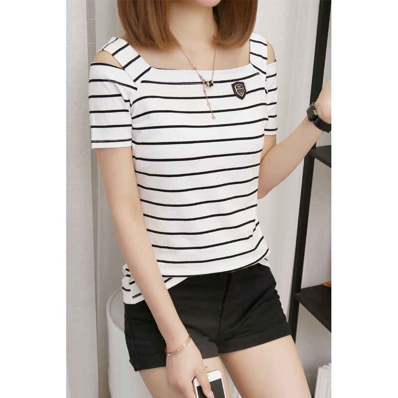 夏季新款女装时尚漏肩一字领条纹纯棉短袖T恤女半袖上衣修身体恤