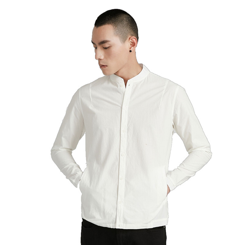 男装2018春装新款男士纯棉立领衬衫男长袖青年修身休闲白色衬衣白色