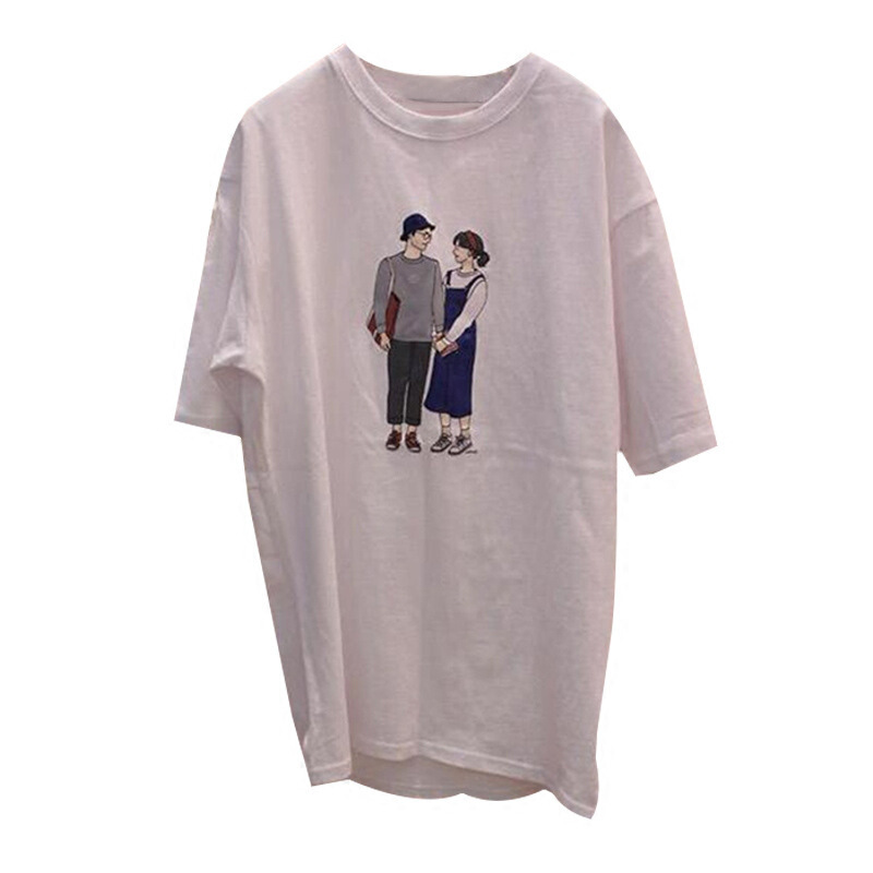 卡通情侣印花T恤女短袖2018夏装新款休闲宽松打底衫半袖体恤上衣白色