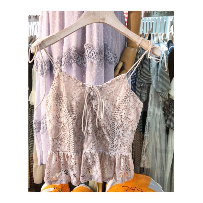 特惠2018夏装纯色钩花镂空网纱蕾丝拼接小带女韩范休闲无袖上衣