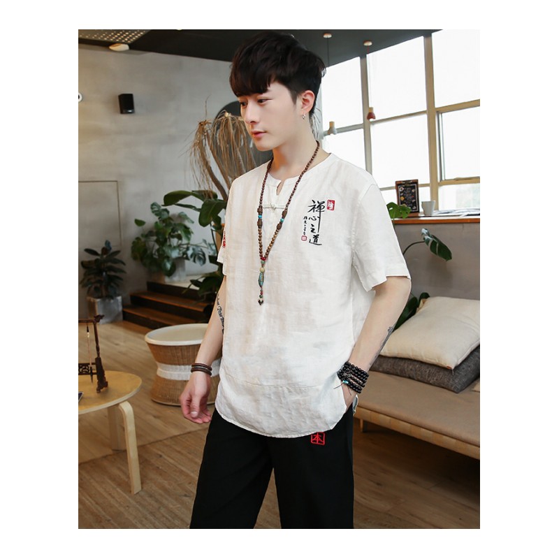 夏季潮流个性男短袖T恤韩版修身半袖盘扣刺绣棉麻衬衫中国风男装