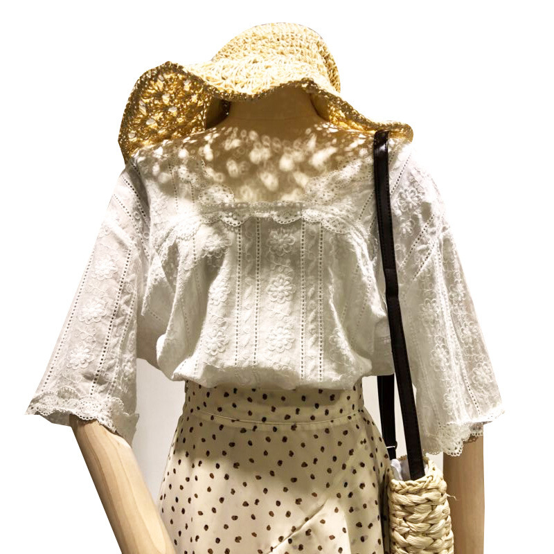 特惠2018夏装港味绣花套头五分袖衬衫女休闲百搭ins超火衬衣上衣 白色 均码