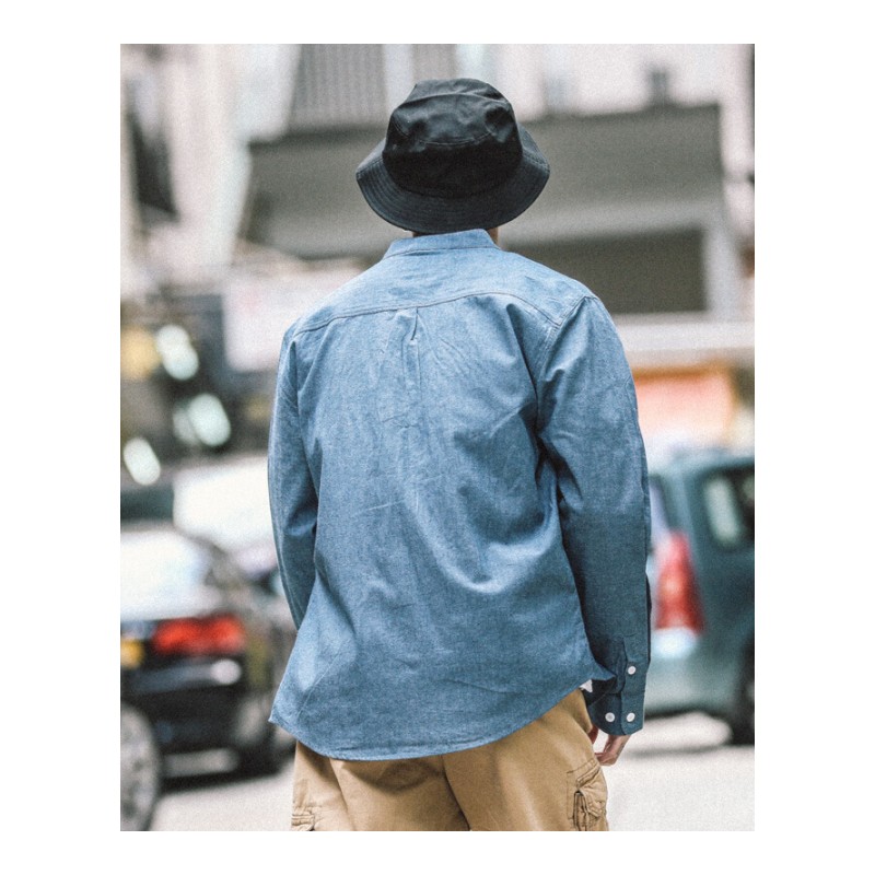 东京衣柜男装新款日系纯色圆领男士休闲长袖衬衫青年潮流帅气衬衣蓝色