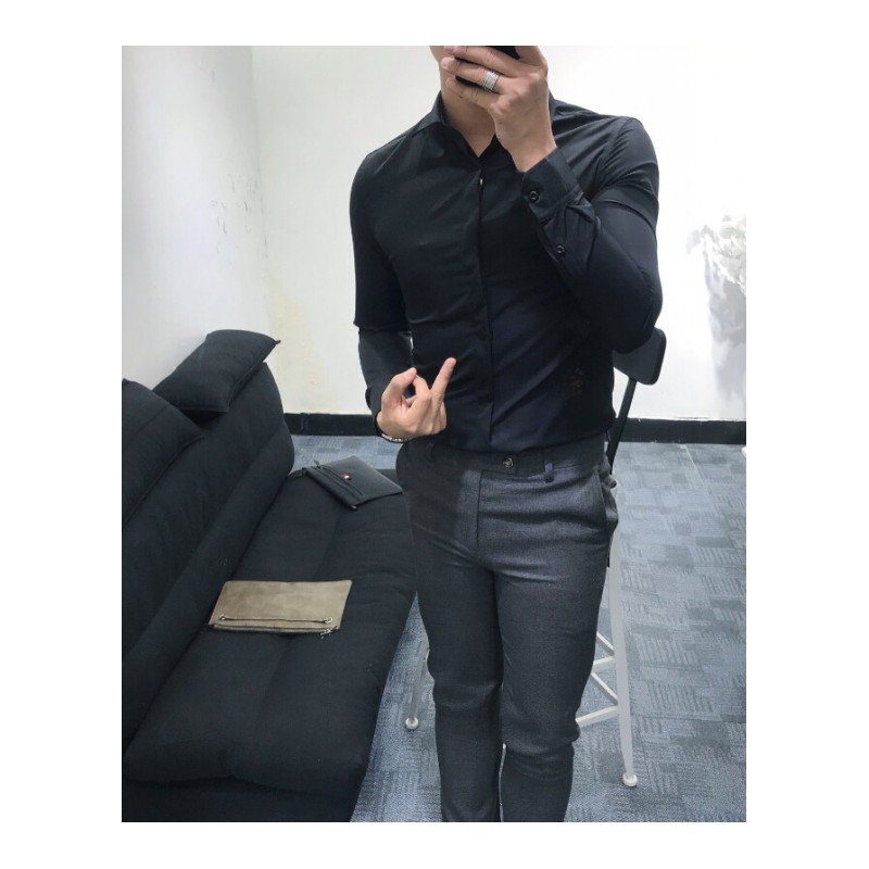 韩国新款时尚男士衬衫长袖韩版修身百搭青年纯色上班休闲衬衣潮