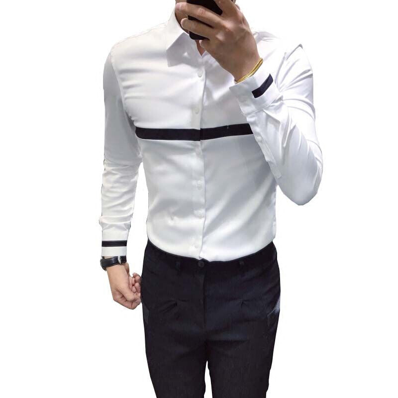 韩国新款时尚黑白拼接长袖衬衫男韩版修身百搭日常款休闲衬衣潮