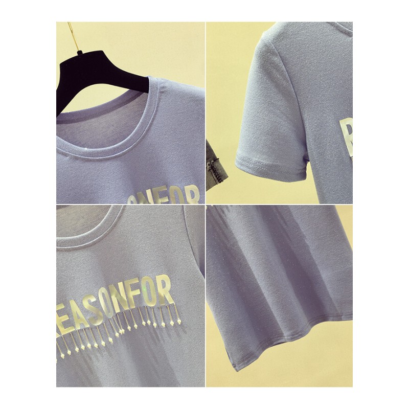 紫色短袖T恤女夏2018新款韩版圆领时尚亮丝宽松钉珠流苏半袖上衣