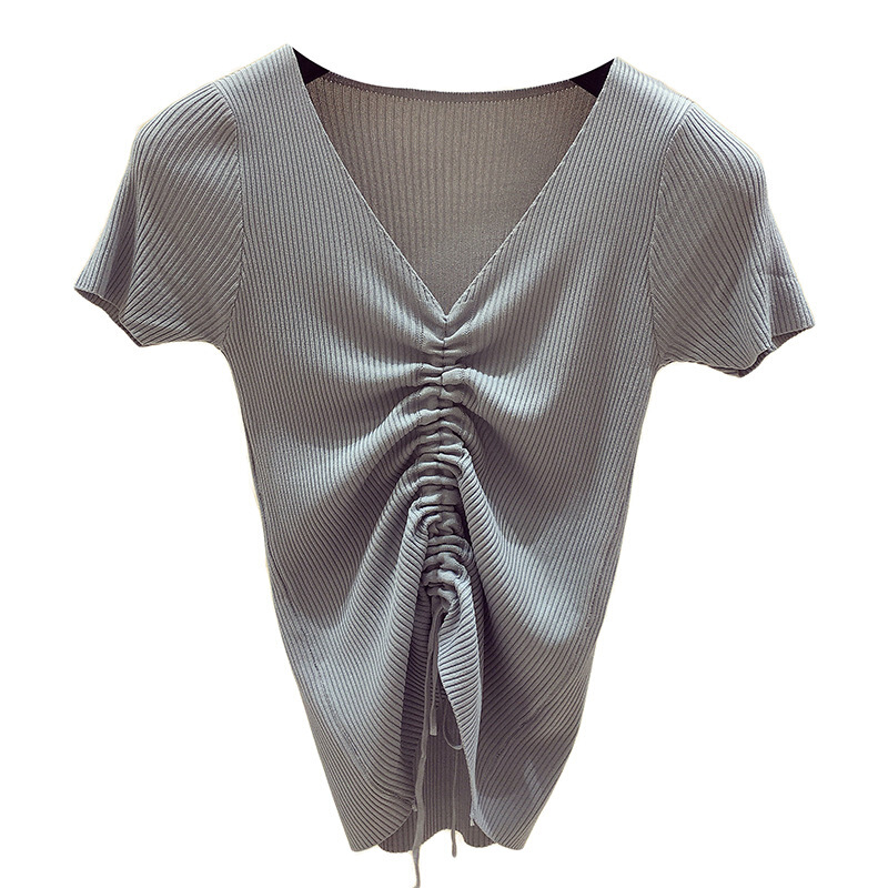 抽绳V领T恤女短袖2018夏季新款学生韩版修身百搭套头针织系带上衣紫色均码