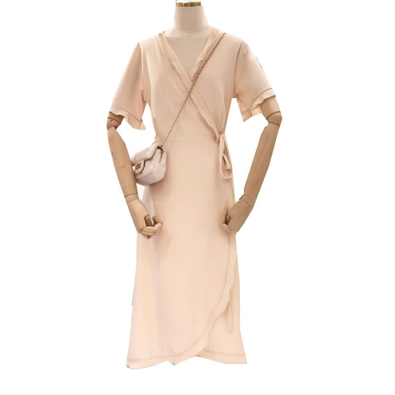 2018夏装新款纯色系带蝴蝶结V领短袖连衣裙休闲气质中长款裙子女 杏色 均码