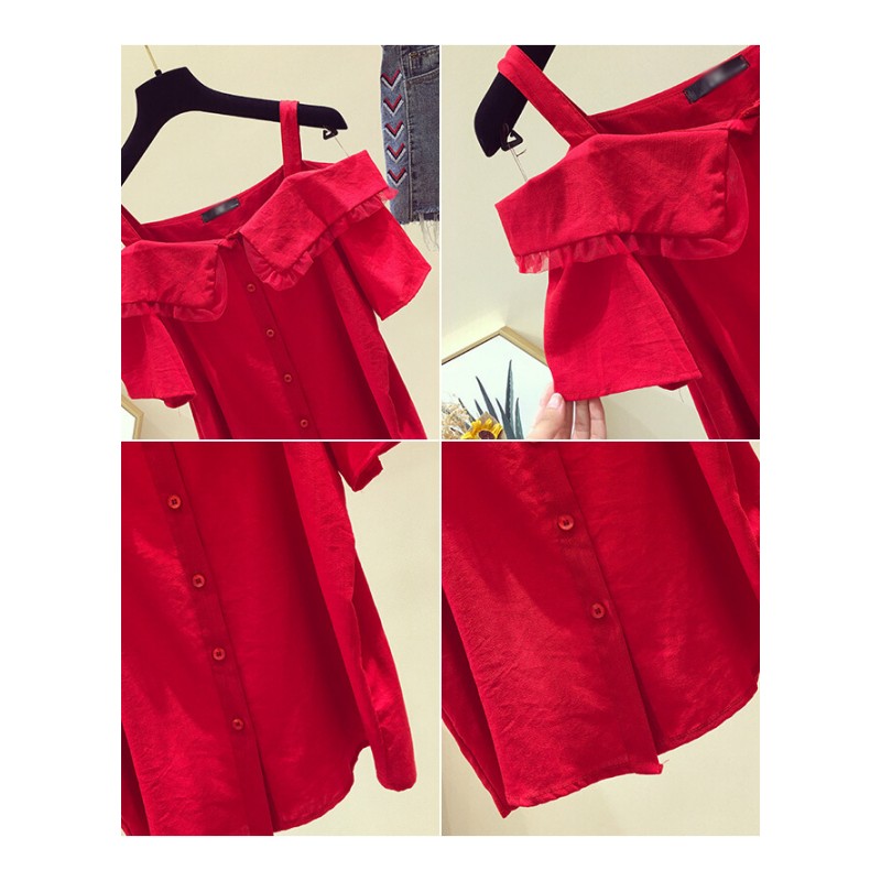 一字肩上衣女夏2018新款韩版小清新洋气小衫红色带雪纺衫仙