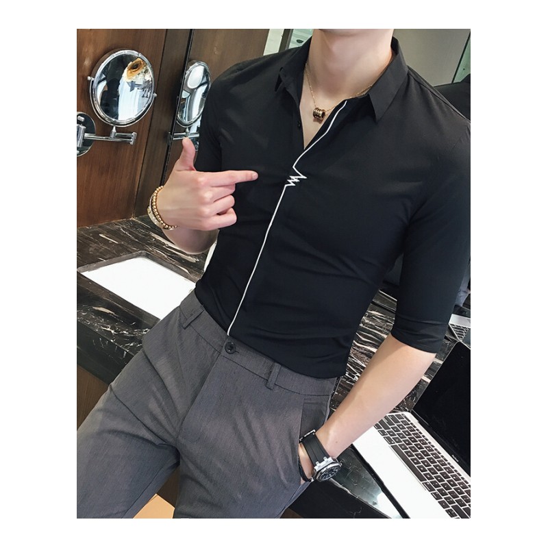 夏季韩版男紧身7七分袖衬衫衣型师修身潮流帅气5五分袖衬褂上衣