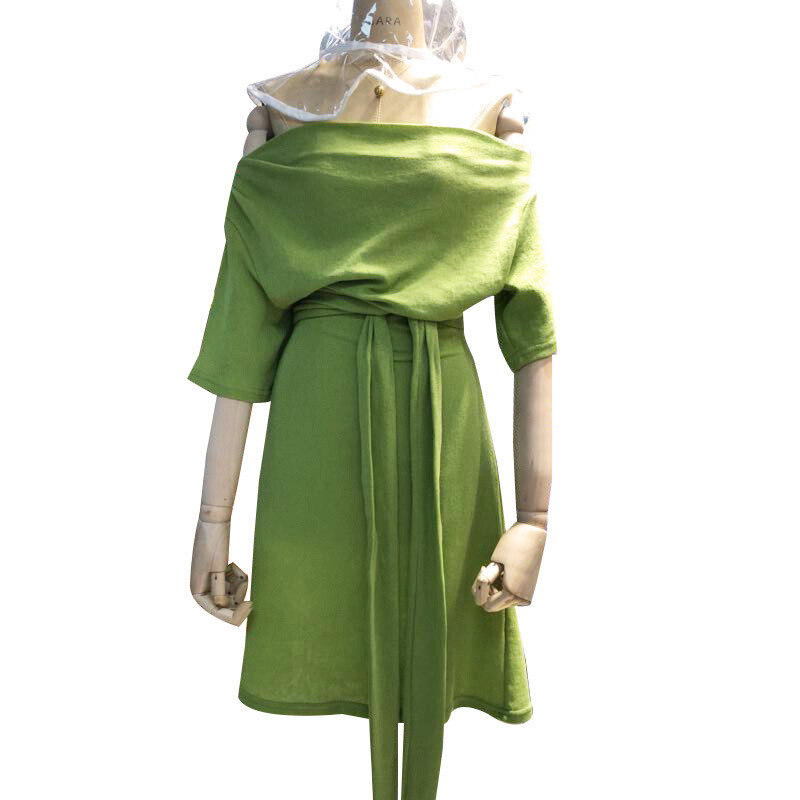 特惠绿色一字领短袖连衣裙2018夏装宽松韩版中长款绑带裙子女绿色
