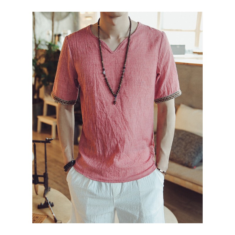 亚麻宽松短袖T恤男士2018夏季韩版V领上衣服潮流体恤休闲大码男装