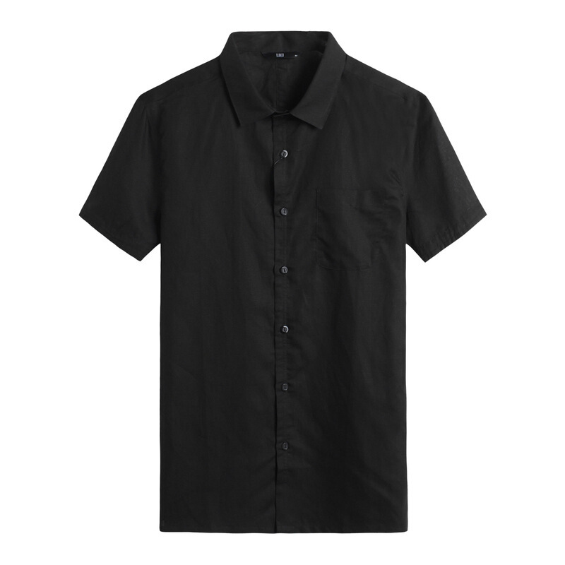 [商场同款]男装2018夏季新款男士亚麻短袖衬衫男黑色韩版衬衣黑色