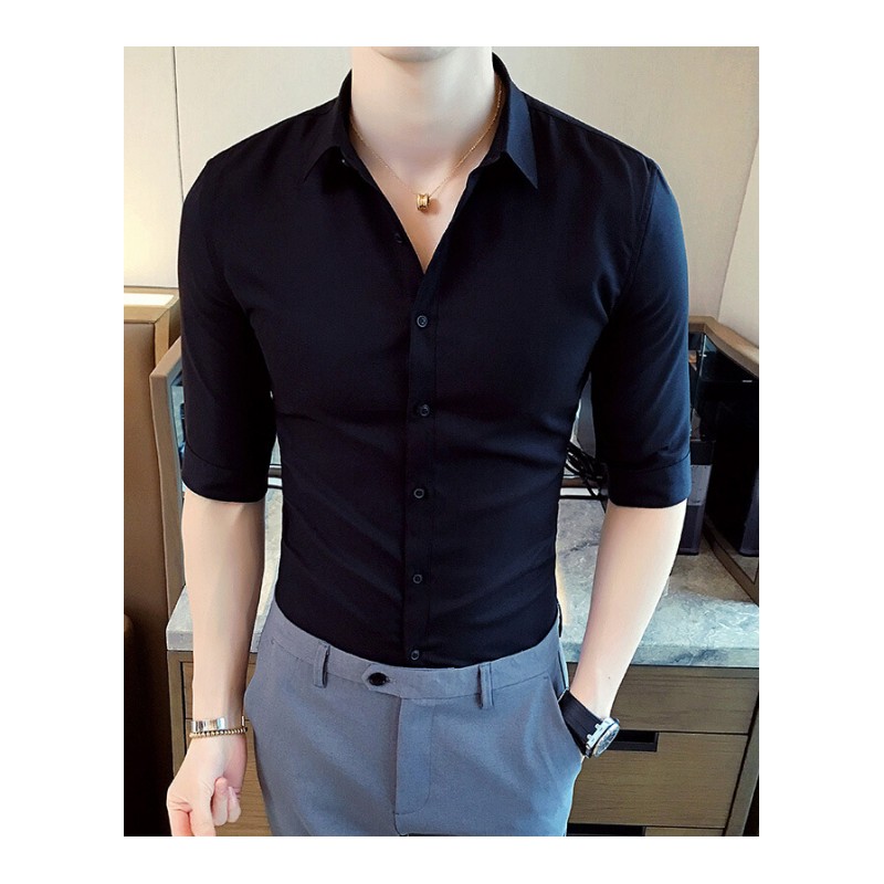 夏天帅气修身男士衬衫短袖2017新款寸衫个性潮男紧身7分5分袖寸子