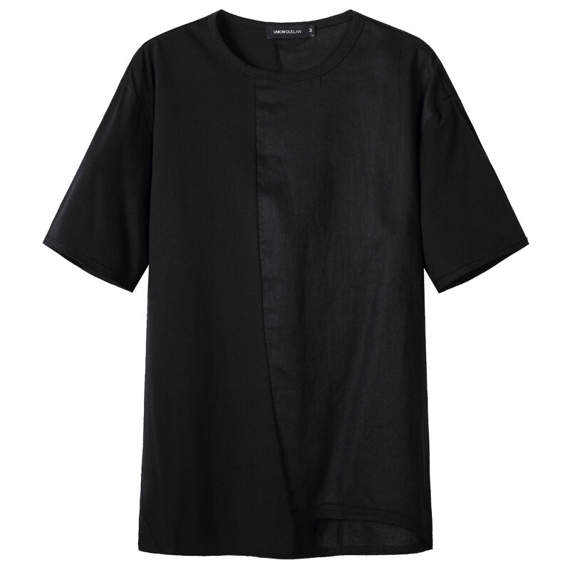 2018夏季新款纯色短袖T恤男圆领青年宽松时尚潮流拼接简约上衣黑色