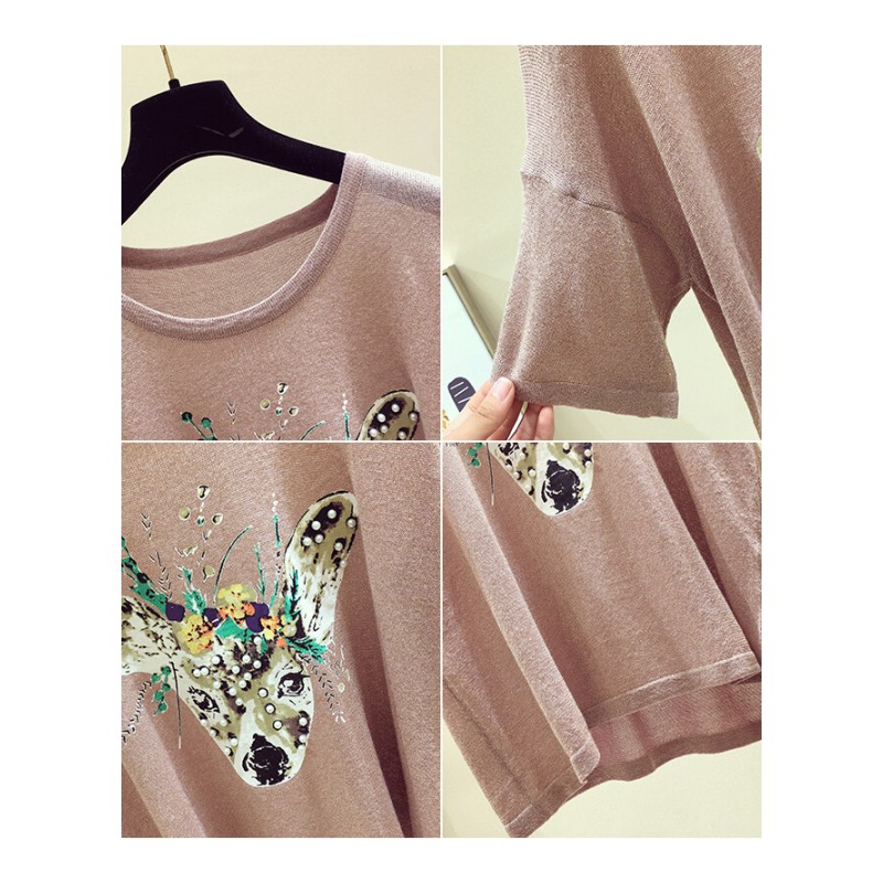 紫色短袖T恤女夏2018新款韩版宽松钉珠印花半袖针织衫ins超火上衣粉紫色均码