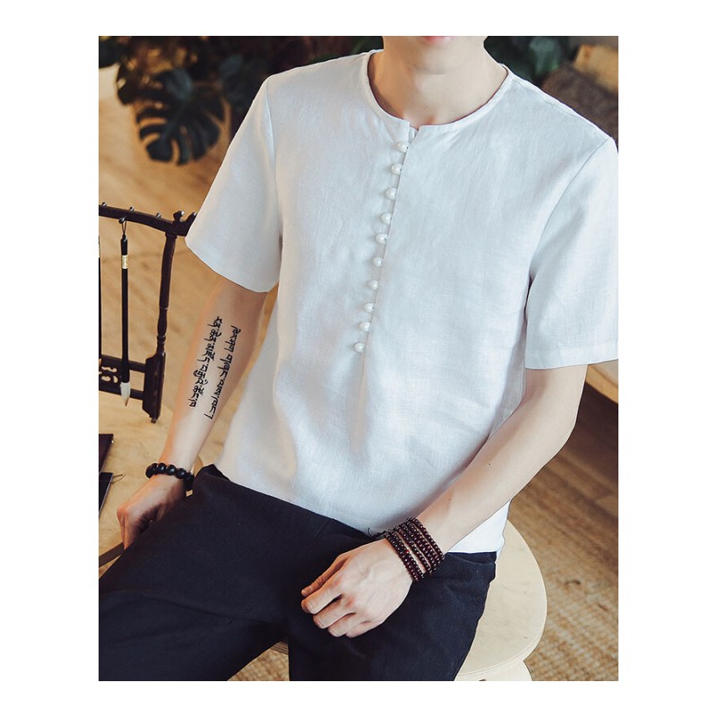 中国风夏季亚麻短袖民族风T恤男咖啡厅白色