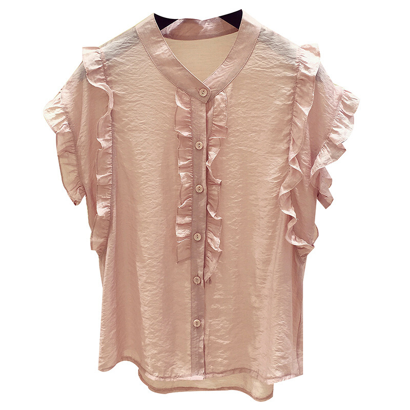 荷叶边上衣女夏季2018新款韩版学生V领飞飞袖超仙气质甜美雪纺衫