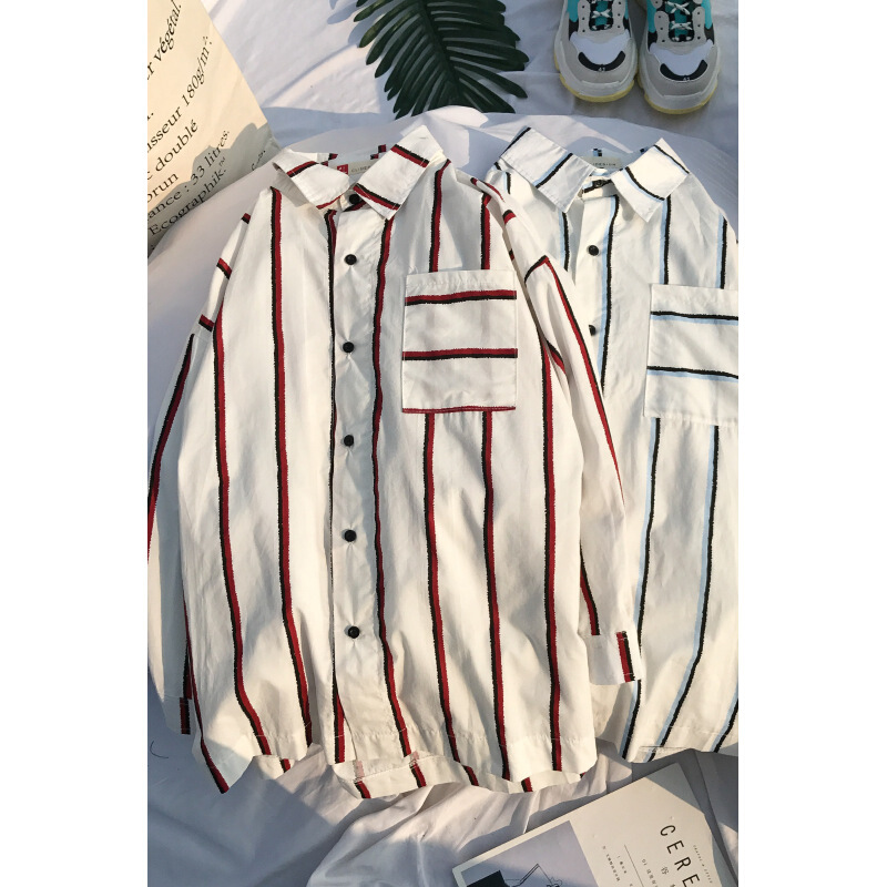 2018夏季白色条纹七分短袖衬衫男士加肥大码休闲衬衣韩版潮流男装