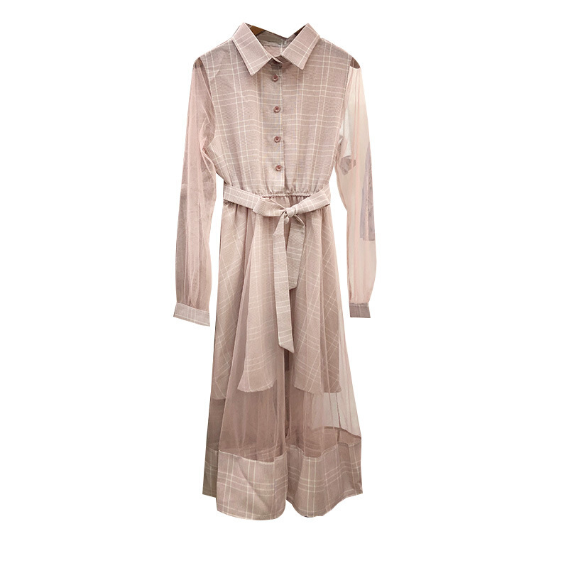 网纱拼接Polo领格子长袖连衣裙2018夏装新款韩版港味中长款裙子女卡其色均码