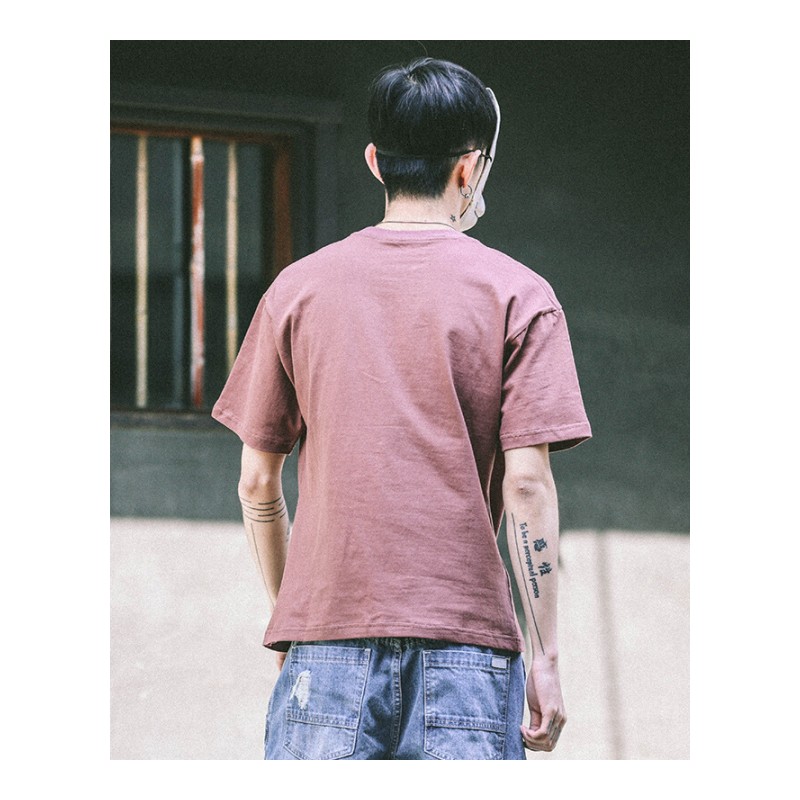 东京衣柜男装夏季男士日系趣味印花短袖T恤韩版青年百搭半袖体恤咖红色