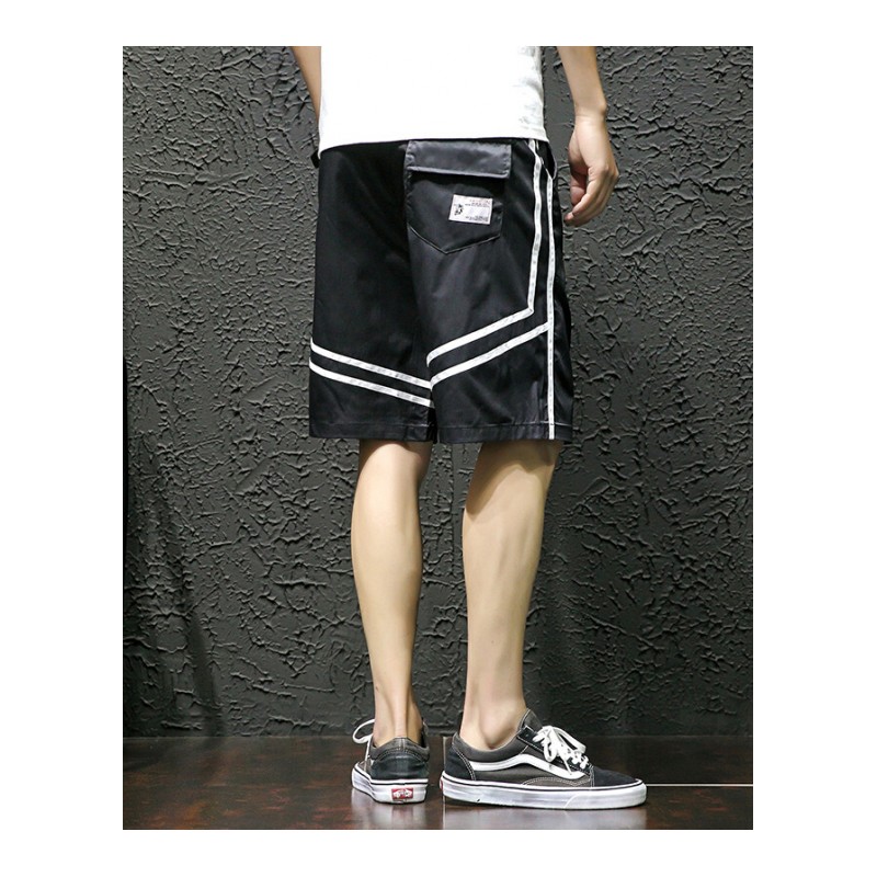 2018夏季条纹休闲短裤男士加肥大码宽松直筒运动裤韩版潮流男裤子 黑色 M