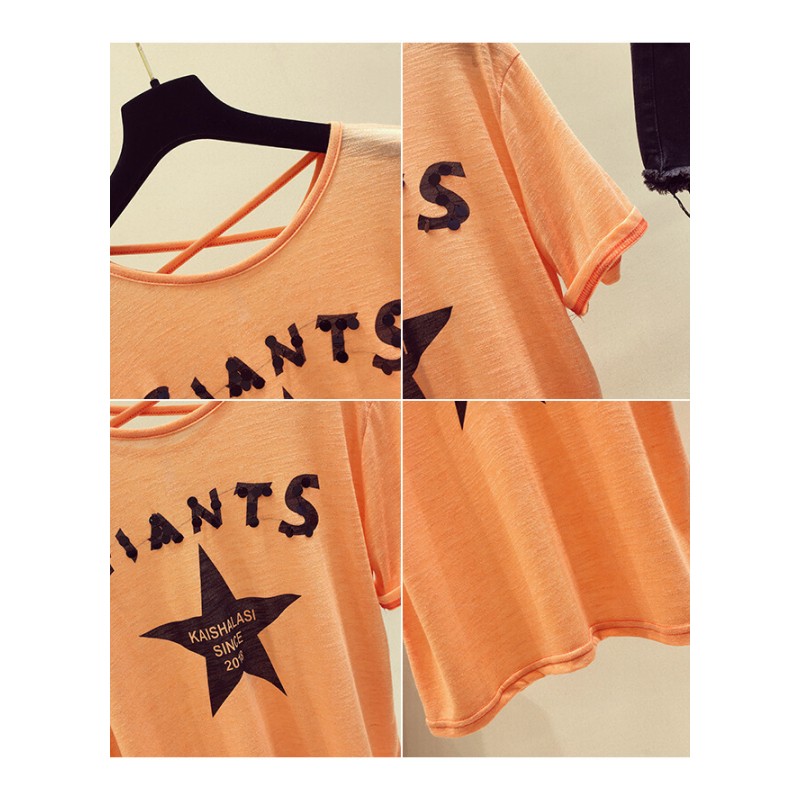 橘色T恤短袖女夏2018新款韩版宽松五角星印花体恤ins超火的上衣潮橘色均码