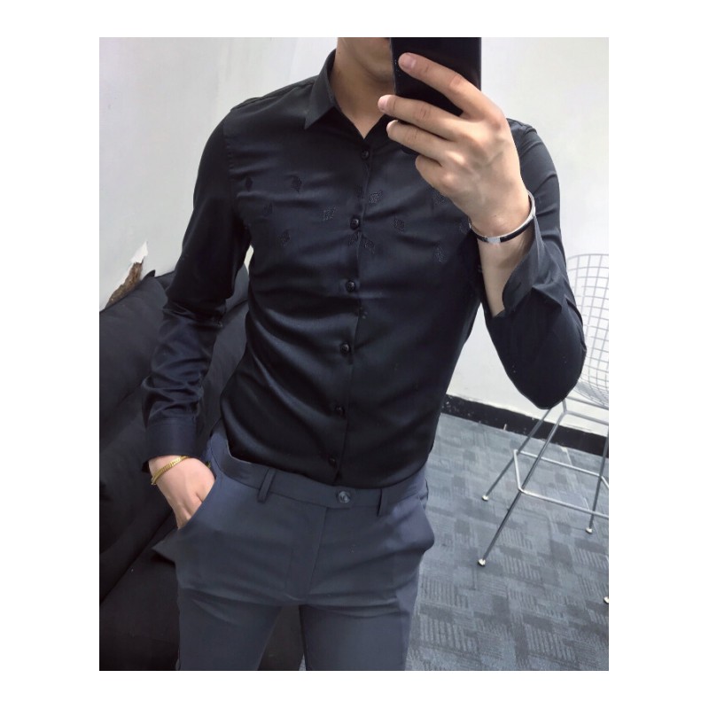 新款个性时尚简约长袖刺绣衬衫男韩版修身型师休闲百搭潮流寸衣 白色 M