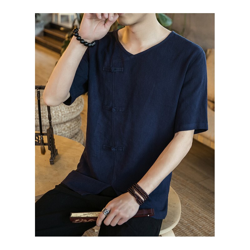 中国风男装夏季短袖T恤男仿亚麻V领薄款汉服复古中式宽松半袖衣服