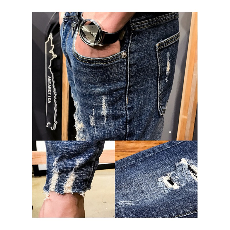 夏季新款牛仔裤男韩版修身小脚裤男个性毛边破洞男士牛仔九分裤潮如图色
