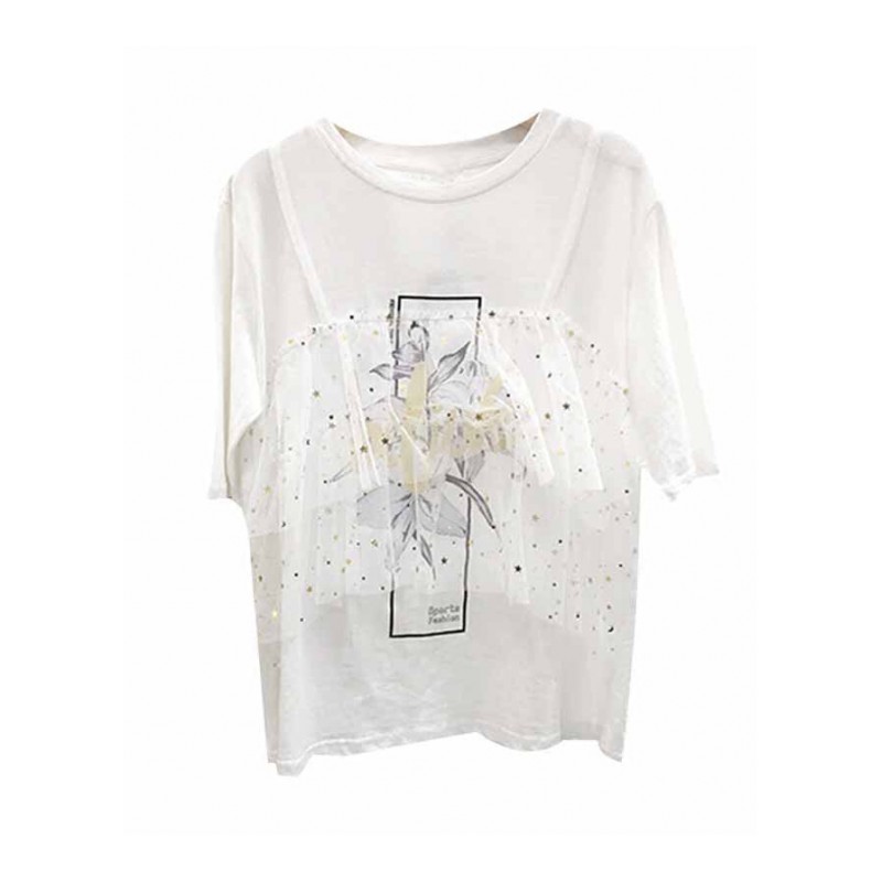 2018夏装韩版新款宽松显瘦假两件网纱拼接上衣花朵印花短袖T恤女白色均码
