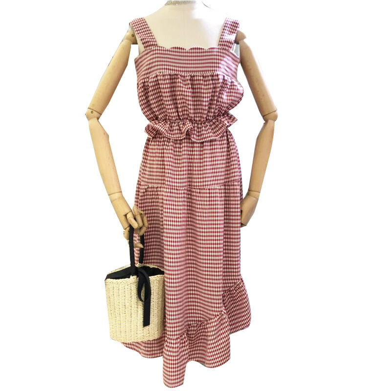 特惠夏装格子港味无袖带上衣配荷叶边半身长裙两件套时髦套装女 红色 均码