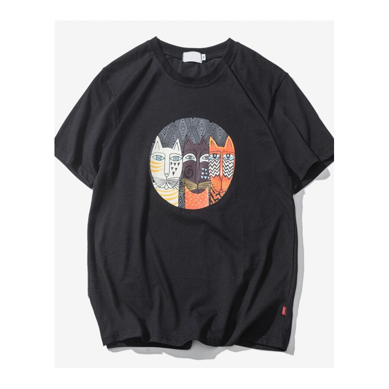 日系原宿风印花T恤男夏季青年男士短袖修身体恤圆领趣味打底衫潮