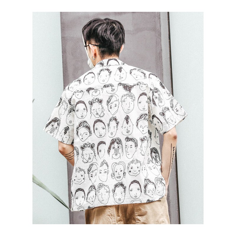 东京衣柜男装港风夏季新款原宿素描印花短袖衬衫韩版宽松衬衣男潮白色