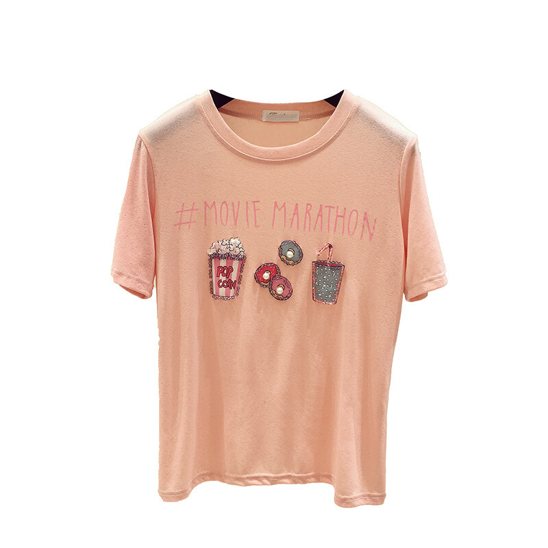 粉色短袖T恤女夏季2018新款韩版时尚贴布图案半袖体恤港风上衣潮白色均码