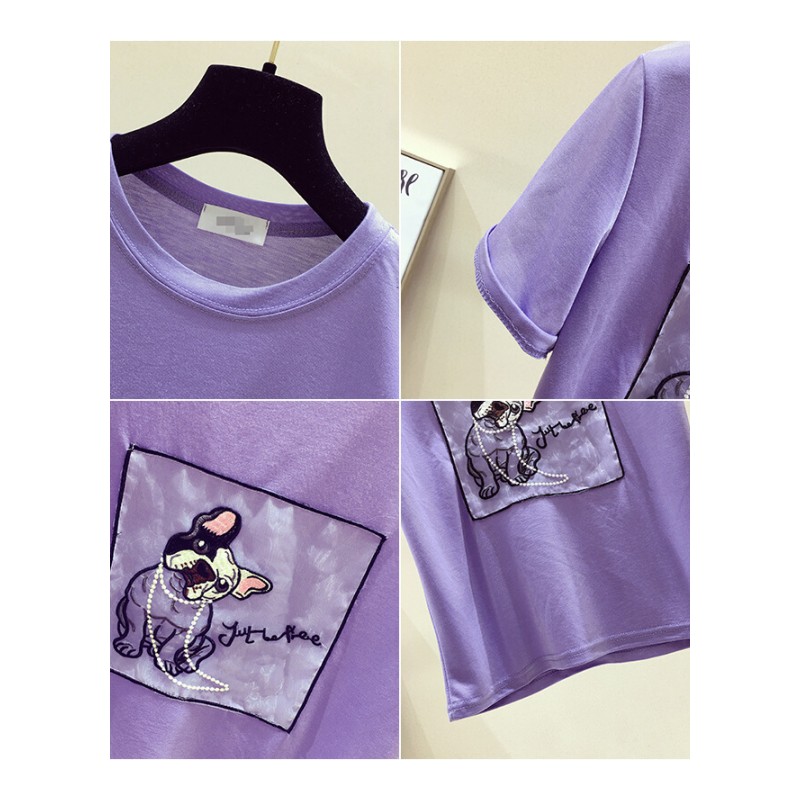 短袖T恤女夏季2018韩范新款宽松钉珠刺绣半截袖体恤chic港风上衣紫色均码