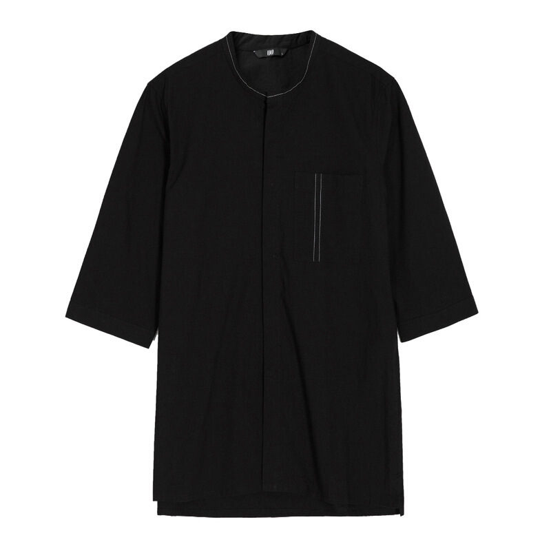 [商场同款]男装宽松立领体恤夏天半袖透气全棉黑色五分袖T恤黑色