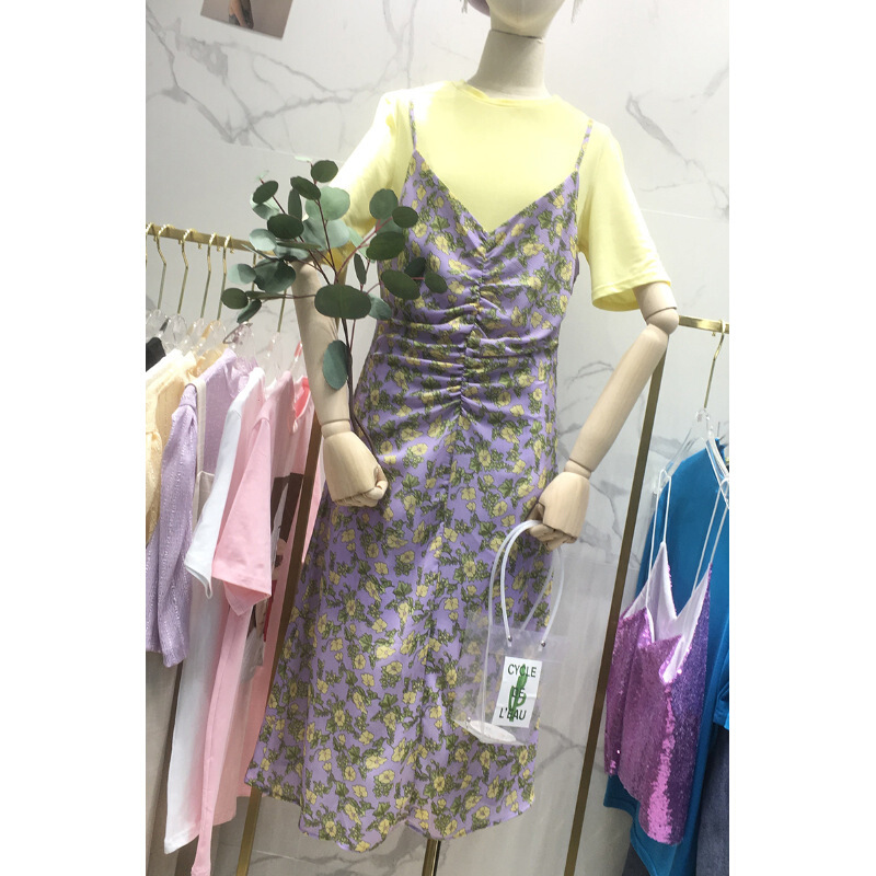 特惠2018春夏装碎花带连衣裙休闲百搭中长款韩版无袖背心裙子女紫色均码