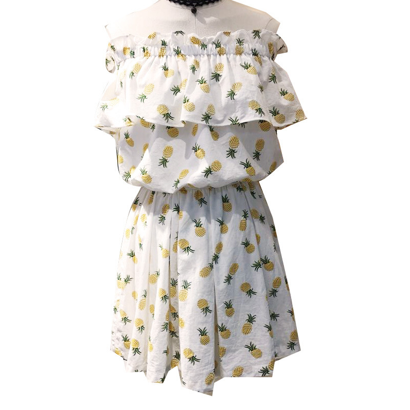 2018夏装新款菠萝印花荷叶边一字肩连衣裙韩范中长款裙子女装 白色 均码
