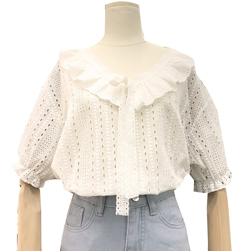 2018夏装新款白色镂空荷叶边V领套头短袖衬衫女港味学生衬衣上衣 白色 均码