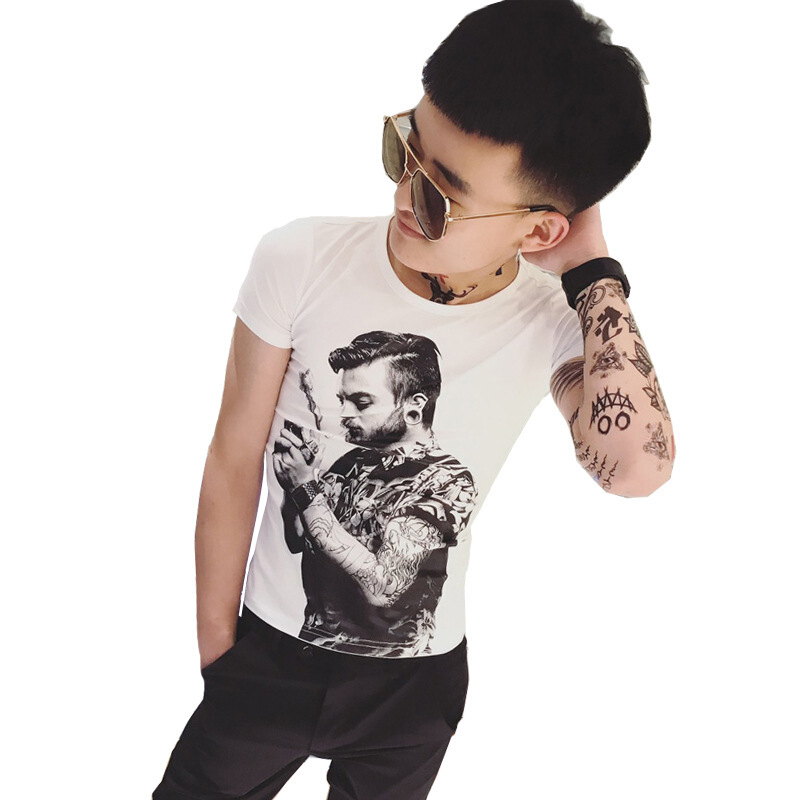 网红人头印花短袖男韩版潮流T恤社会精神小伙上衣男2018夏季半袖