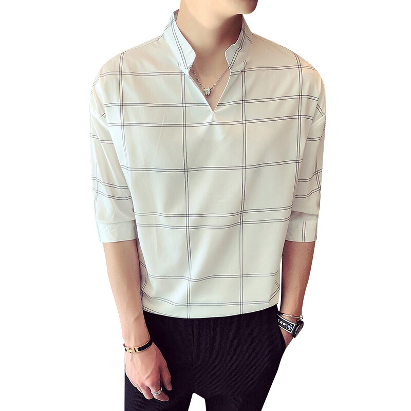 格子短袖衬衫男2018夏季新款韩版潮流V领T恤男士五分中袖套头衬衣