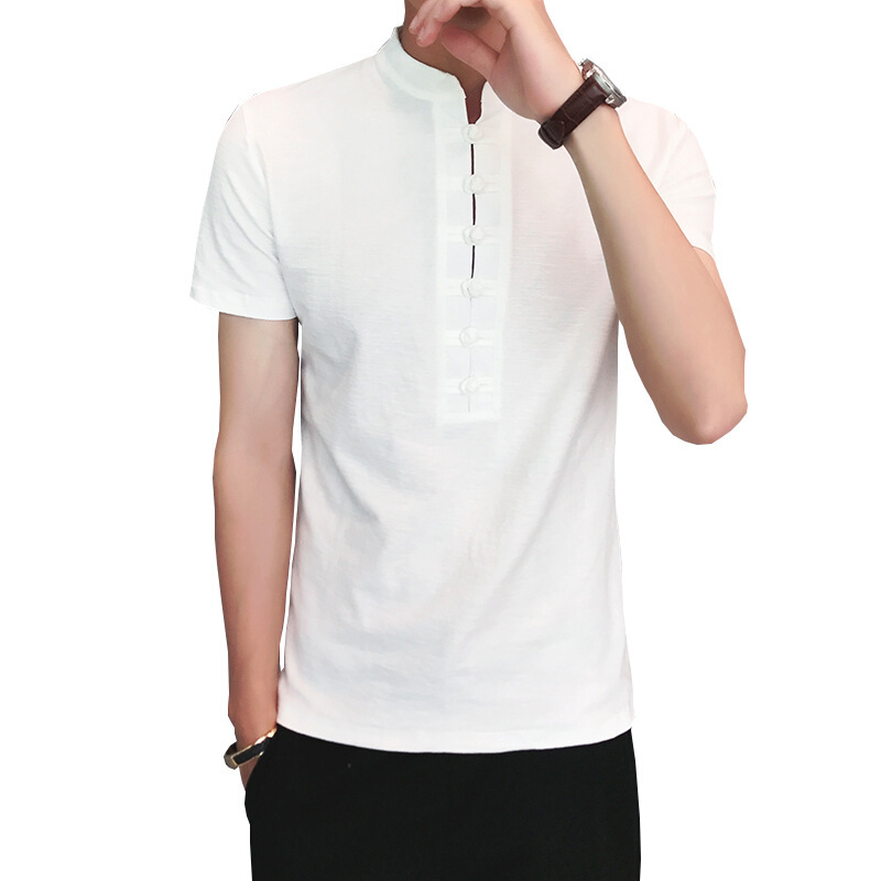 中国风夏季复古男装亚麻棉麻大码上衣短袖T恤宽松中袖半截袖唐装 白色 M