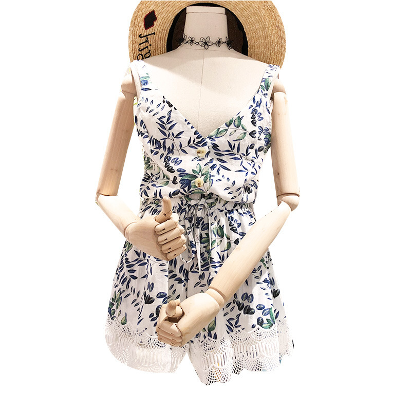 2018夏装新款碎花无袖带上衣配荷叶边休闲阔腿短裤两件套女套装白色裤子均码