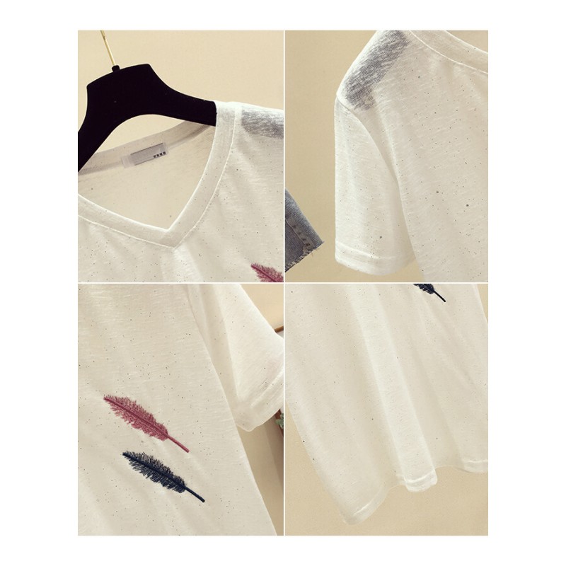 紫色T恤女夏季2018新款韩范宽松刺绣羽毛体恤ins柴火的短袖上衣潮紫色均码