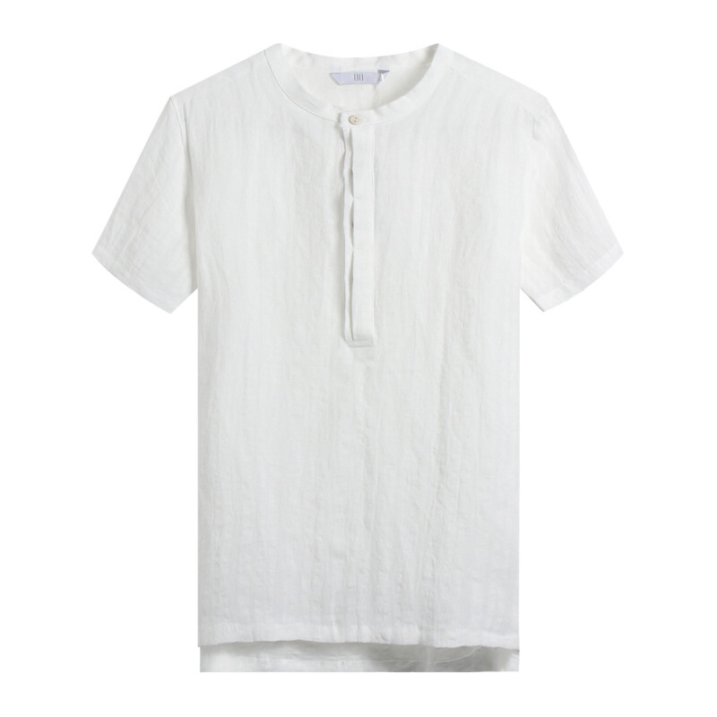 [商场同款]男装男士亚麻衬衫日系复古青年薄款polo衫白色立领白色