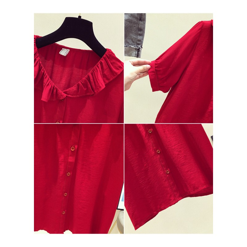 红色雪纺短袖女夏2018新款超仙女甜美娃娃小衫洋气雪纺荷叶边上衣